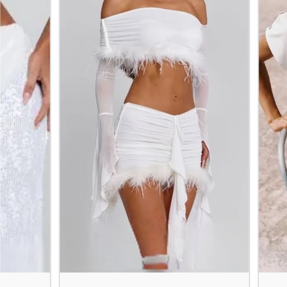 Outcast White Off-Shoulder Feathered Two-Piece Set and Amazon White Pearl bag